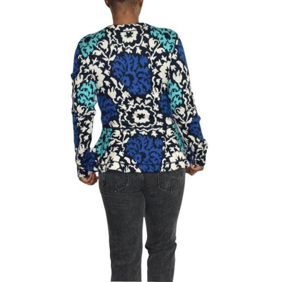 J Peterman Emmas Sweater Blue Hourglass Peplum Cardigan Green Floral Wool Small - Picture 2 of 16